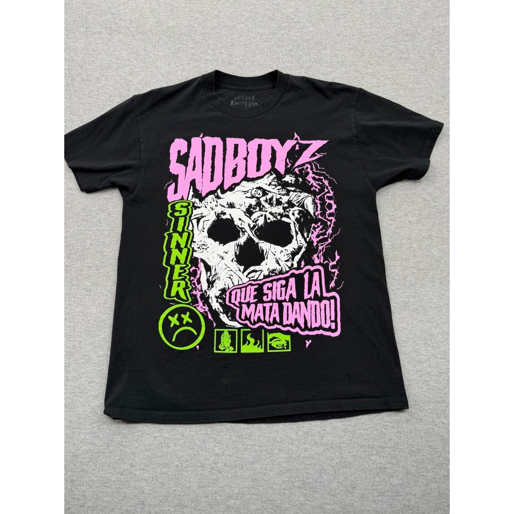 Sad Boyz Sinner Skull Graphic T-Shirt Black Large Que Siga La Mata Dando USA